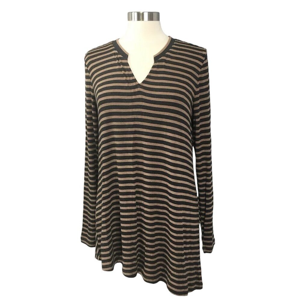 CAbi Slant Tee Tunic Charcoal Gray Stripe  Size M NEW